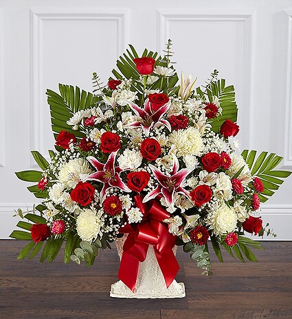 Red Rose And Lily Floor Basket